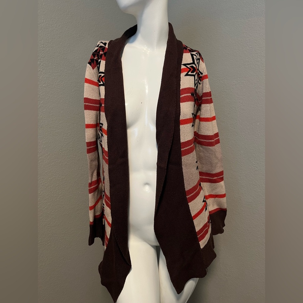 Belldini Women’s Aztec Red and Brown Knit LS Open Front Sweater Cardigan Size M